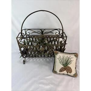 Vintage Metal Italian Pineapple Magazine Rack Basket Storage Glass Hang Bead VTG